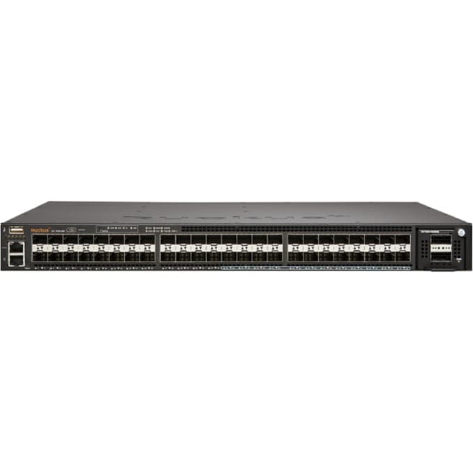 Ruckus ICX7650-48F-E2 managed switch with 24 SFP+ ports, 24 SFP ports, and 4 QSFP uplinks
