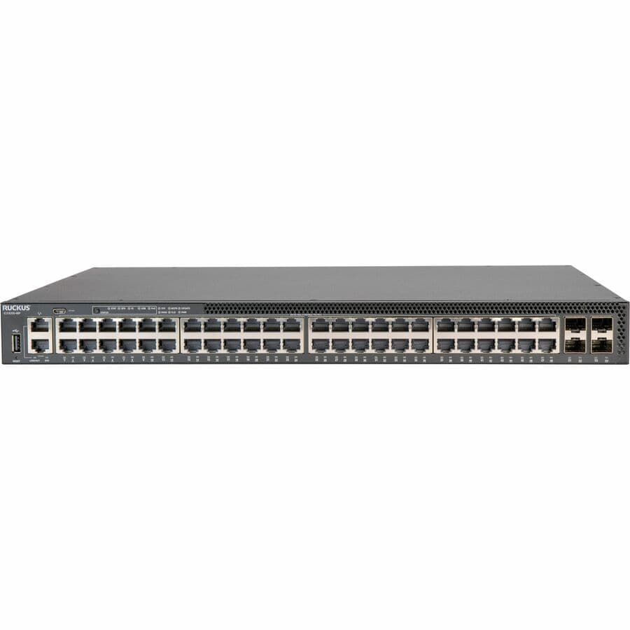 Ruckus ICX 8200-48P 48-port PoE+ switch with 4 x 25 GbE SFP28 stacking uplinks