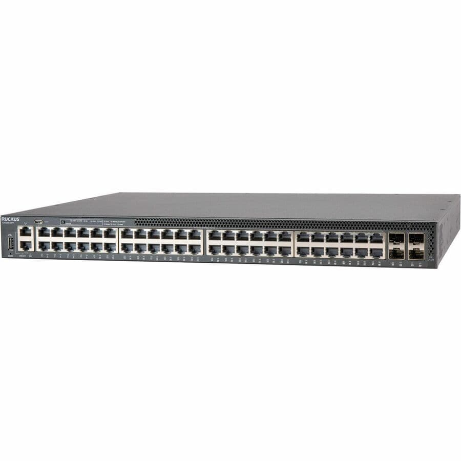 RUCKUS ICX 8200-48PF managed 48-port PoE+ switch with 25 GbE SFP28 stacking ports