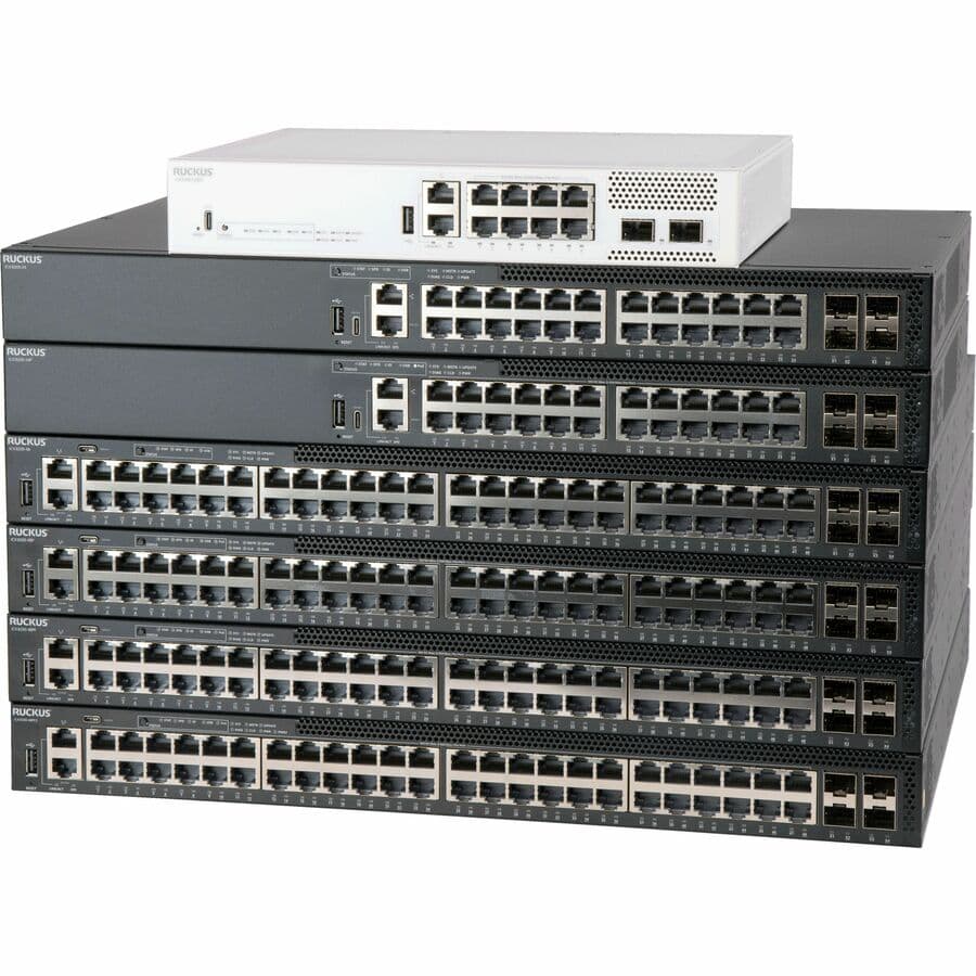 RUCKUS ICX 8200 48-port PoE+ managed switch with 4 25 GbE SFP28 stacking uplinks