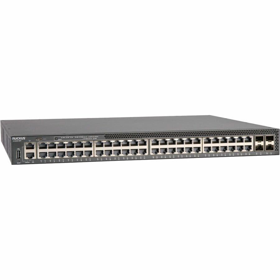 RUCKUS ICX 8200-48PF managed 48-port PoE+ switch with 25 GbE SFP28 stacking ports