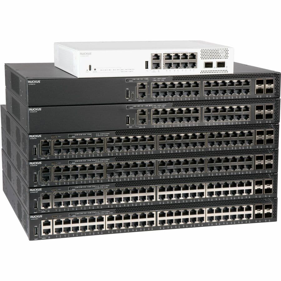 RUCKUS ICX 8200 48-port PoE+ managed switch with 4 25 GbE SFP28 stacking uplinks