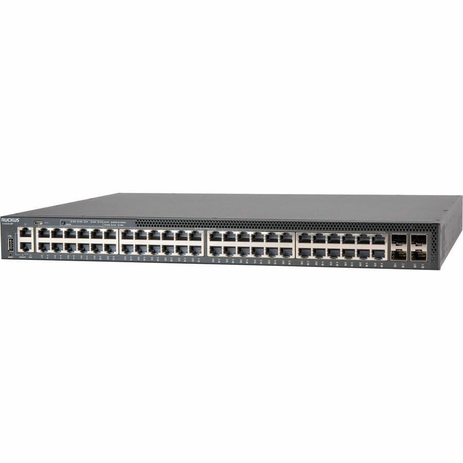 Ruckus ICX 8200-48P 48-port PoE+ switch with 4 x 25 GbE SFP28 stacking uplinks