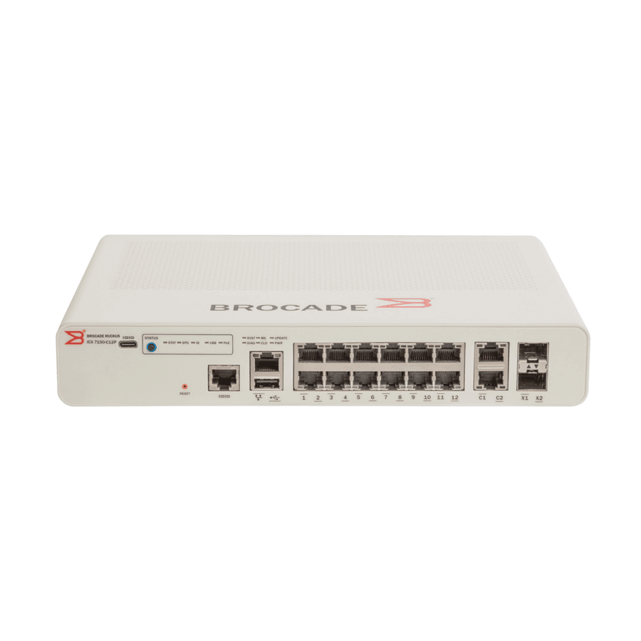 Ruckus ICX 7150 compact managed PoE+ switch with 12 access ports and 10 GbE uplinks