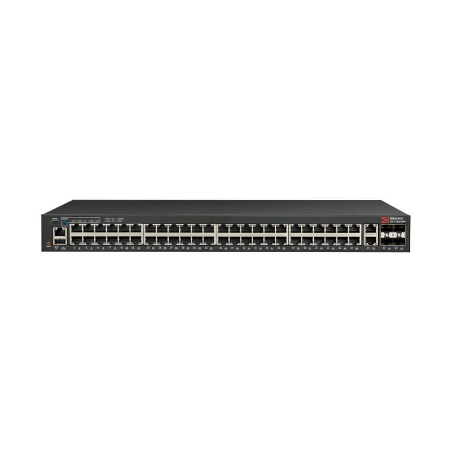 Ruckus ICX 7150 48-port Gigabit PoE+ switch with 2 RJ45 uplinks and 2 SFP slots