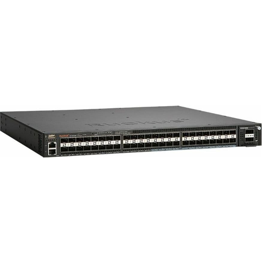 Ruckus ICX7650-48F-E2 managed switch with 24 SFP+ ports, 24 SFP ports, and 4 QSFP uplinks