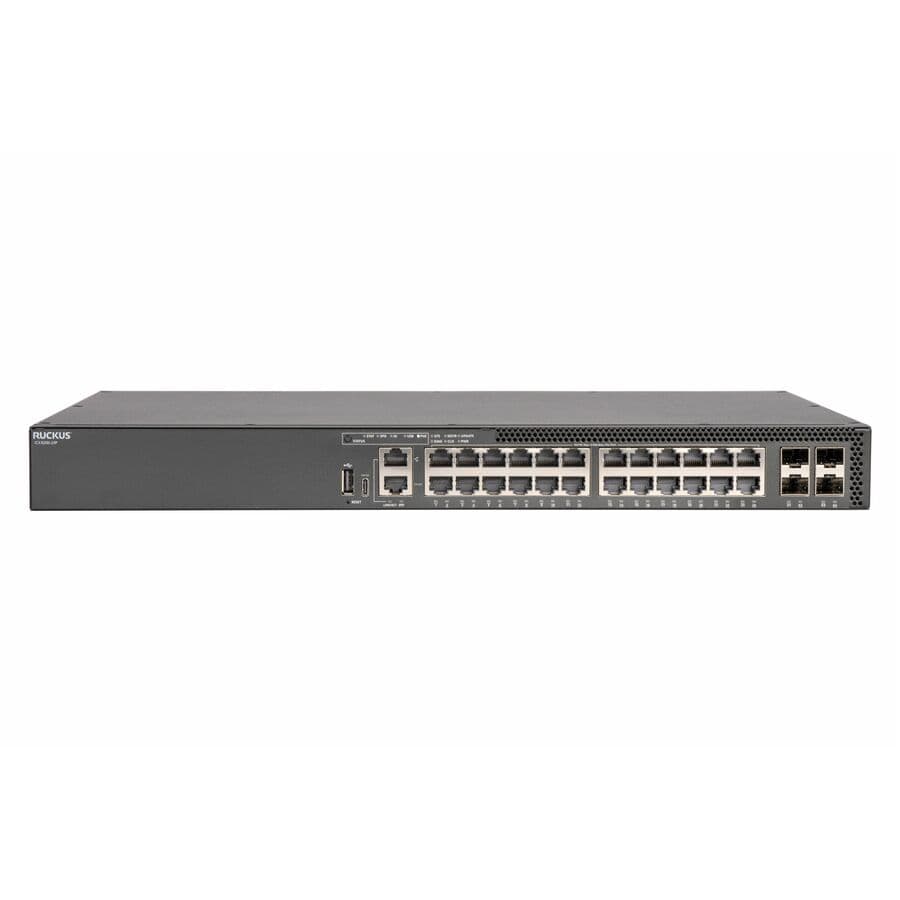 Ruckus ICX 8200-24P 1U PoE+ switch with 24 Gigabit Ethernet ports and 4 25 GbE SFP28 ports