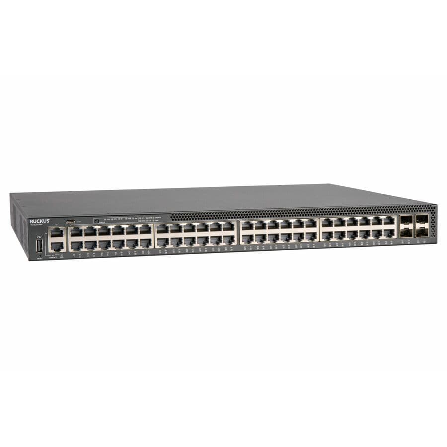 Ruckus ICX 8200-48P 48-port PoE+ switch with 4 x 25 GbE SFP28 stacking uplinks