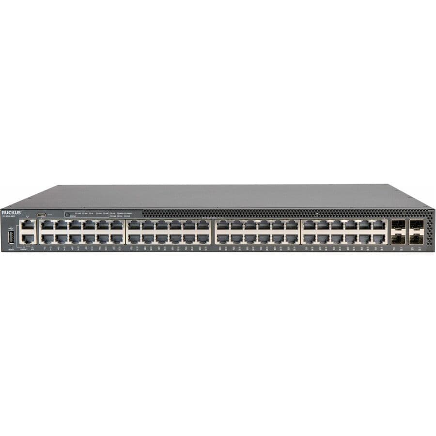 RUCKUS ICX 8200-48PF managed 48-port PoE+ switch with 25 GbE SFP28 stacking ports