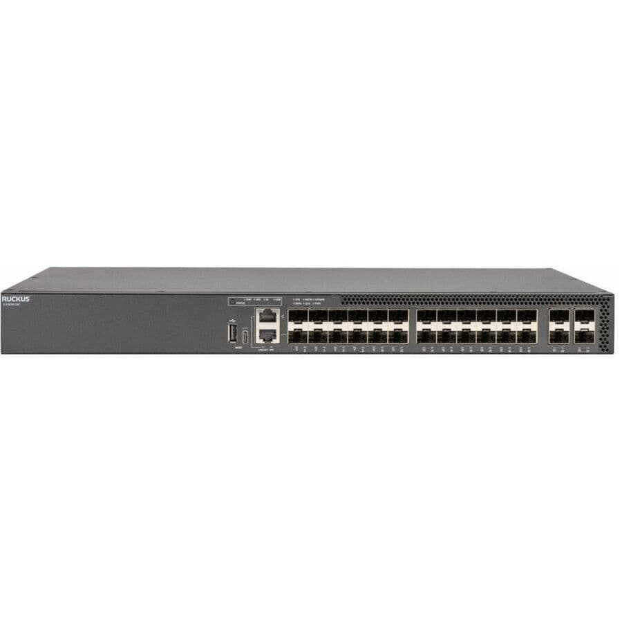 RUCKUS ICX 8200-24F managed switch with 24 SFP ports and 4 SFP28 stacking/uplink ports